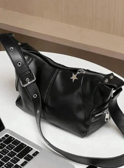 BLACK SHOULDER BAG WITH ADJUSTABLE STRAP - VINTAGE STUDDED PLEATED BOSTON