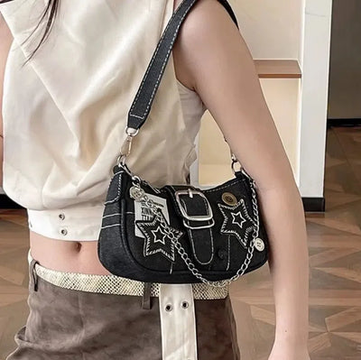 BLACK SHOULDER BAG WITH SILVER CHAIN - HIGH QUALITY LARGE CAPACITY