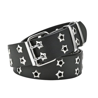 BLACK STAR-STUDDED BELT WITH DOUBLE PIN BUCKLE AND EYE RIVET DETAILS