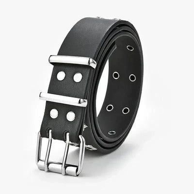 BLACK STAR-STUDDED BELT WITH DOUBLE PIN BUCKLE AND EYE RIVET DETAILS