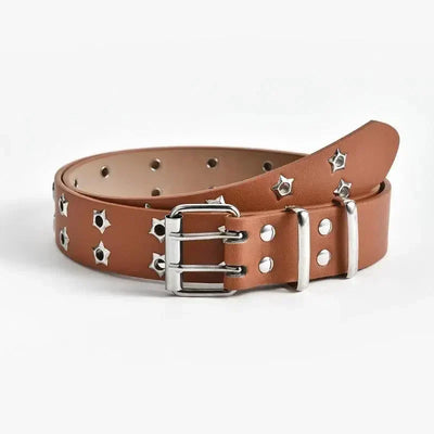 BLACK STAR-STUDDED BELT WITH DOUBLE PIN BUCKLE AND EYE RIVET DETAILS