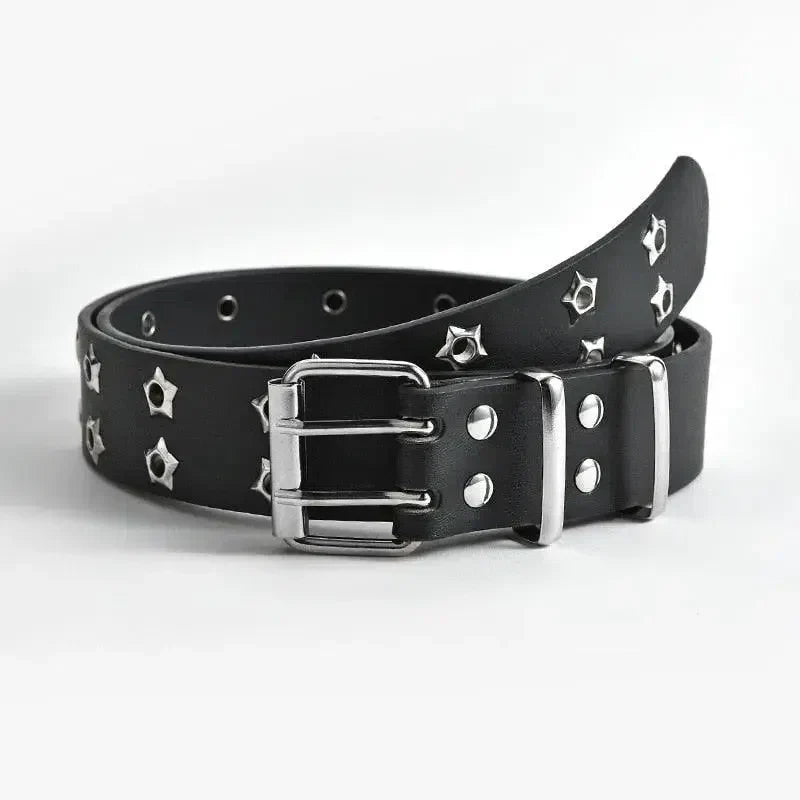 BLACK STAR-STUDDED BELT WITH DOUBLE PIN BUCKLE AND EYE RIVET DETAILS
