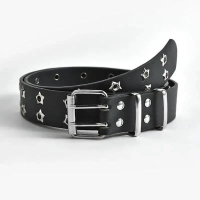 BLACK STAR-STUDDED BELT WITH DOUBLE PIN BUCKLE AND EYE RIVET DETAILS