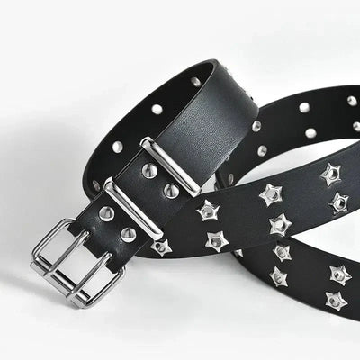 BLACK STAR-STUDDED BELT WITH DOUBLE PIN BUCKLE AND EYE RIVET DETAILS