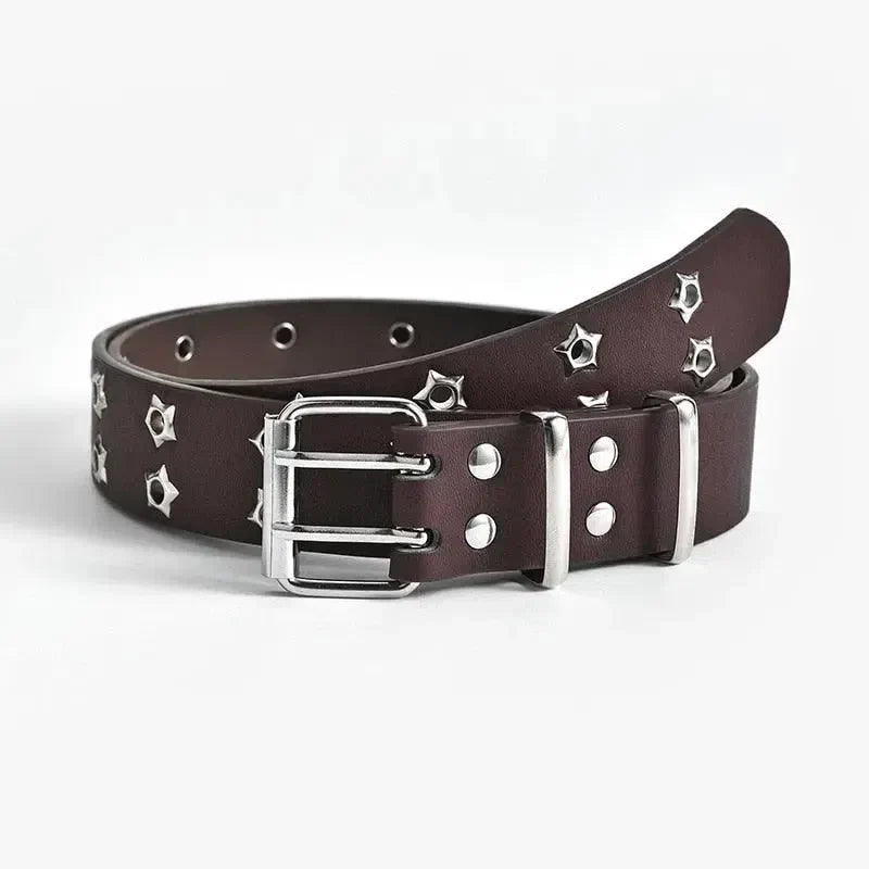 BLACK STAR-STUDDED BELT WITH DOUBLE PIN BUCKLE AND EYE RIVET DETAILS