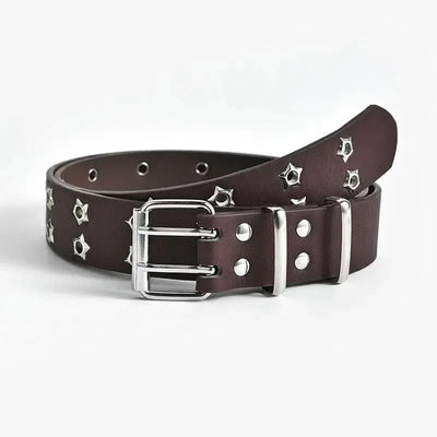 BLACK STAR-STUDDED BELT WITH DOUBLE PIN BUCKLE AND EYE RIVET DETAILS