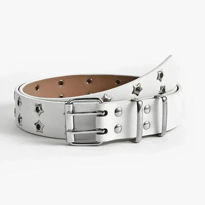 BLACK STAR-STUDDED BELT WITH DOUBLE PIN BUCKLE AND EYE RIVET DETAILS