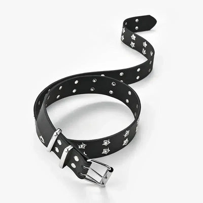 BLACK STAR-STUDDED BELT WITH DOUBLE PIN BUCKLE AND EYE RIVET DETAILS