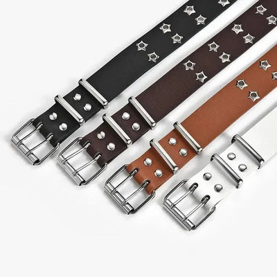 BLACK STAR-STUDDED BELT WITH DOUBLE PIN BUCKLE AND EYE RIVET DETAILS
