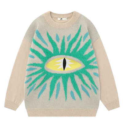 BLACK SWEATER WITH EYE DESIGN - RETRO BLACK CARTOON ANIME STYLE