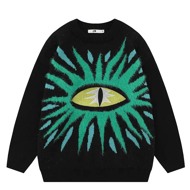 BLACK SWEATER WITH EYE DESIGN - RETRO BLACK CARTOON ANIME STYLE