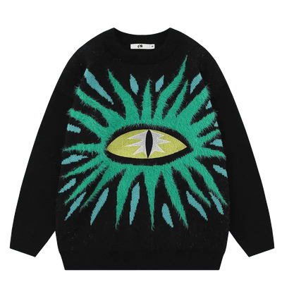 BLACK SWEATER WITH EYE DESIGN - RETRO BLACK CARTOON ANIME STYLE