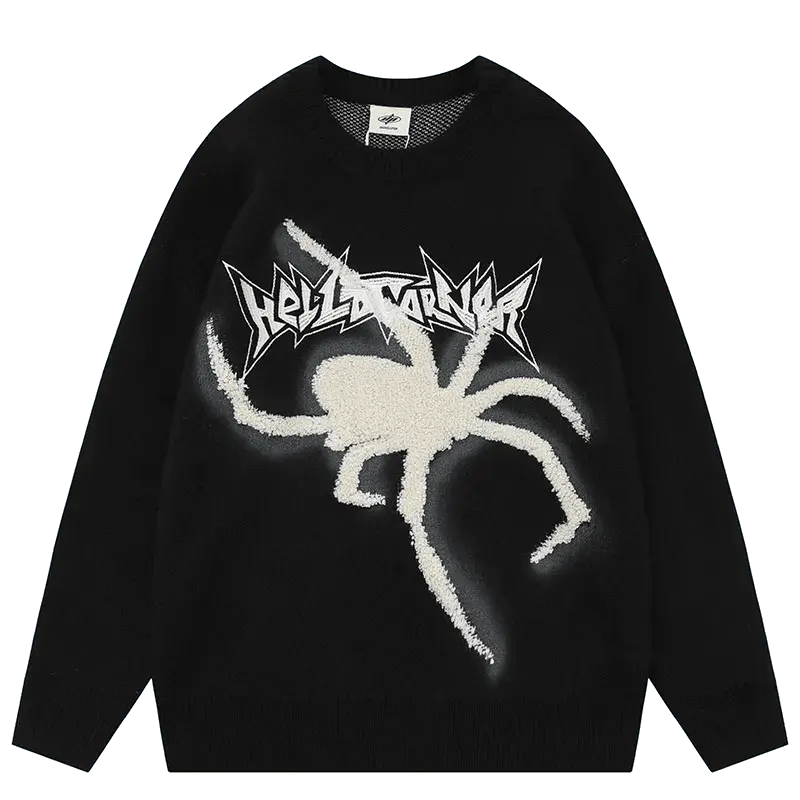 BLACK SWEATER WITH SPIDER GRAPHIC - RETRO ALPHABET SPIDER DESIGN