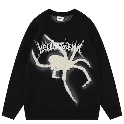 BLACK SWEATER WITH SPIDER GRAPHIC - RETRO ALPHABET SPIDER DESIGN