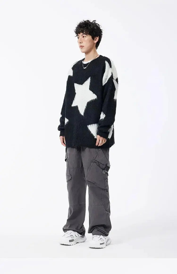 BLACK SWEATER WITH WHITE STARS - BLACK STAR GRAPHIC DESIGN