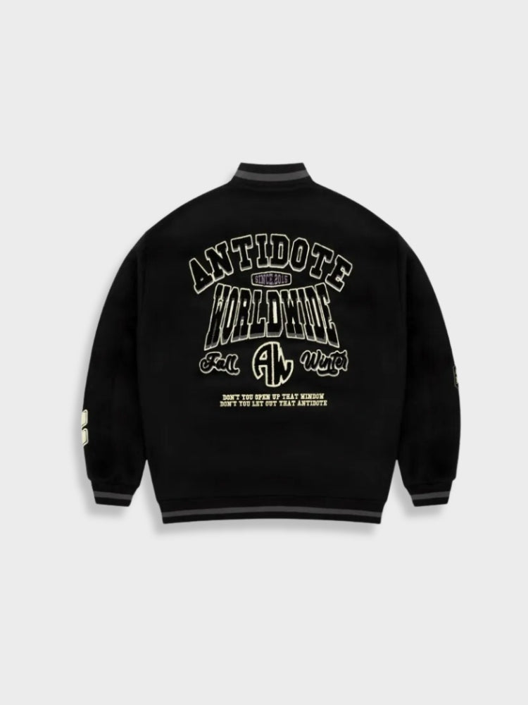BLACK VARSITY JACKET WITH PATCHES - BASEBALL JACKET BLACK