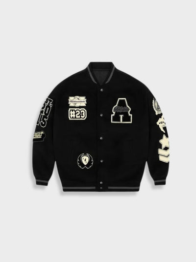 BLACK VARSITY JACKET WITH PATCHES - BASEBALL JACKET BLACK