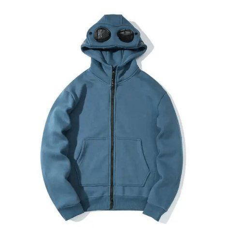 BLACK ZIP-UP HOODIE WITH GOGGLES ON HOOD - HOODIE ZIP WATCHER