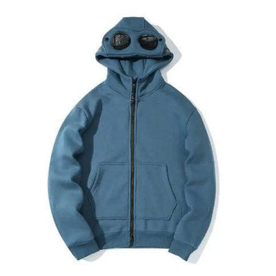 BLACK ZIP-UP HOODIE WITH GOGGLES ON HOOD - HOODIE ZIP WATCHER