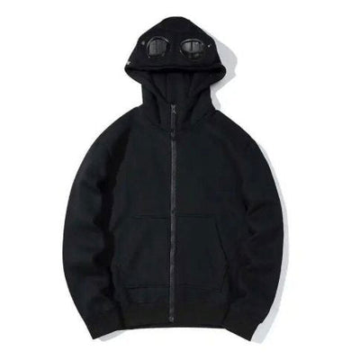 BLACK ZIP-UP HOODIE WITH GOGGLES ON HOOD - HOODIE ZIP WATCHER