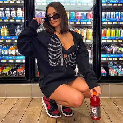 BLACK ZIP-UP HOODIE WITH RHINESTONE SKELETON DESIGN Y2K RHINESTONE