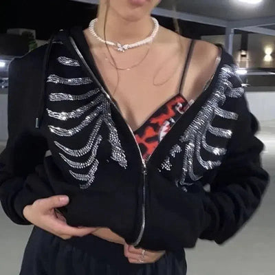 BLACK ZIP-UP HOODIE WITH RHINESTONE SKELETON DESIGN Y2K RHINESTONE
