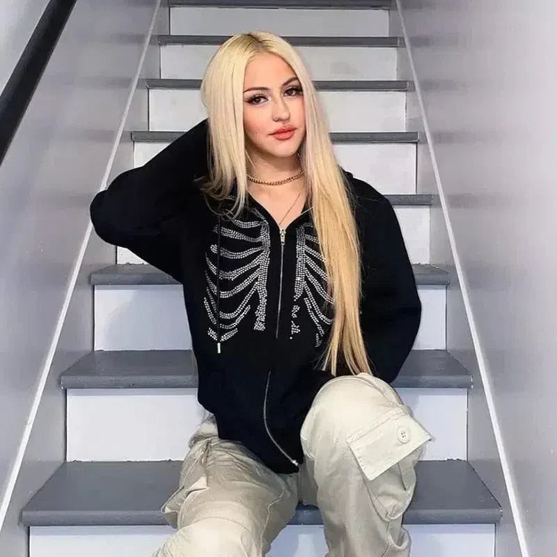 BLACK ZIP-UP HOODIE WITH RHINESTONE SKELETON DESIGN Y2K RHINESTONE