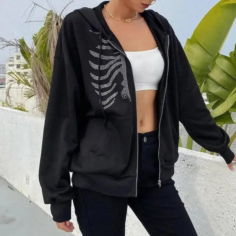 BLACK ZIP-UP HOODIE WITH RHINESTONE SKELETON DESIGN Y2K RHINESTONE