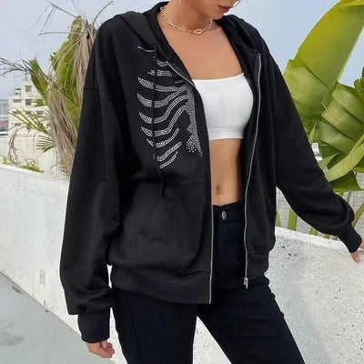 BLACK ZIP-UP HOODIE WITH RHINESTONE SKELETON DESIGN Y2K RHINESTONE
