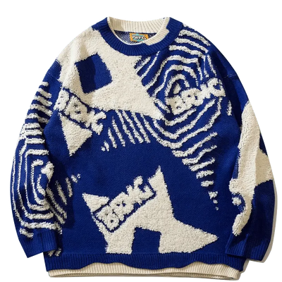BLUE AND WHITE PATTERNED SWEATER GRAFFITI STAR JUMPER KNIT