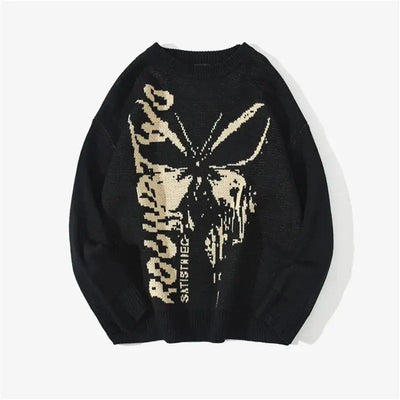 BLUE KNIT SWEATER WITH BUTTERFLY GRAPHIC - FASHION SWEATER BUTTERFLY PATTERN