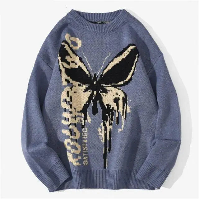 BLUE KNIT SWEATER WITH BUTTERFLY GRAPHIC - FASHION SWEATER BUTTERFLY PATTERN
