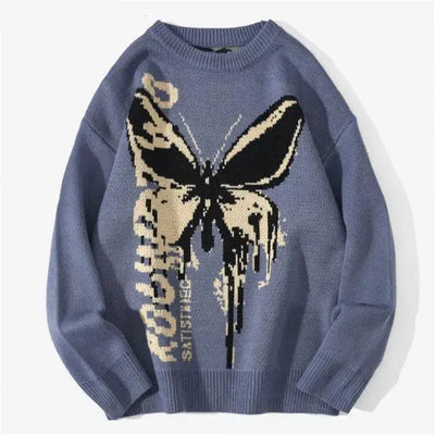 BLUE KNIT SWEATER WITH BUTTERFLY GRAPHIC - FASHION SWEATER BUTTERFLY PATTERN