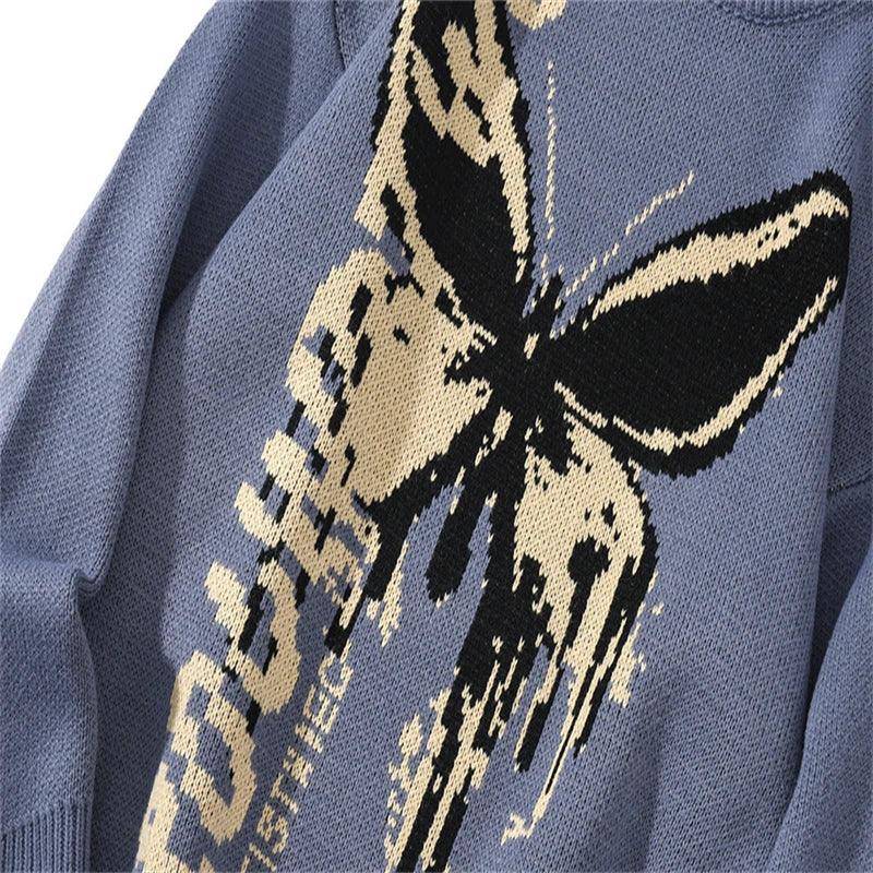 BLUE KNIT SWEATER WITH BUTTERFLY GRAPHIC - FASHION SWEATER BUTTERFLY PATTERN