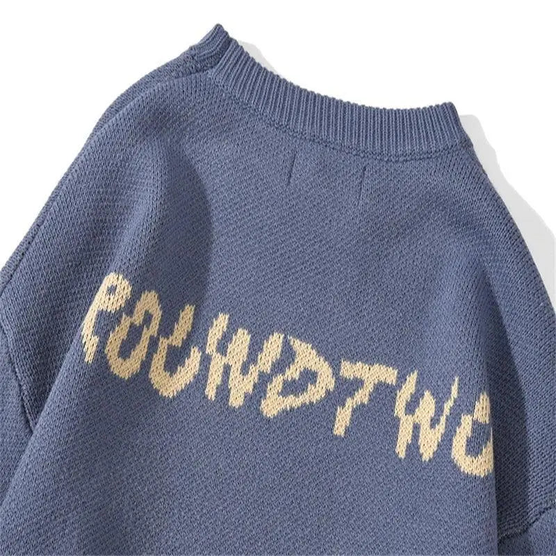 BLUE KNIT SWEATER WITH BUTTERFLY GRAPHIC - FASHION SWEATER BUTTERFLY PATTERN