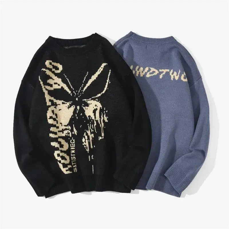 BLUE KNIT SWEATER WITH BUTTERFLY GRAPHIC - FASHION SWEATER BUTTERFLY PATTERN