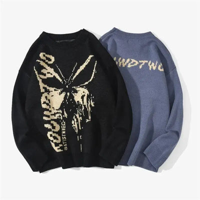 BLUE KNIT SWEATER WITH BUTTERFLY GRAPHIC - FASHION SWEATER BUTTERFLY PATTERN