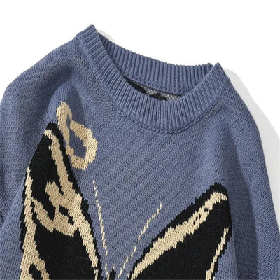 BLUE KNIT SWEATER WITH BUTTERFLY GRAPHIC - FASHION SWEATER BUTTERFLY PATTERN