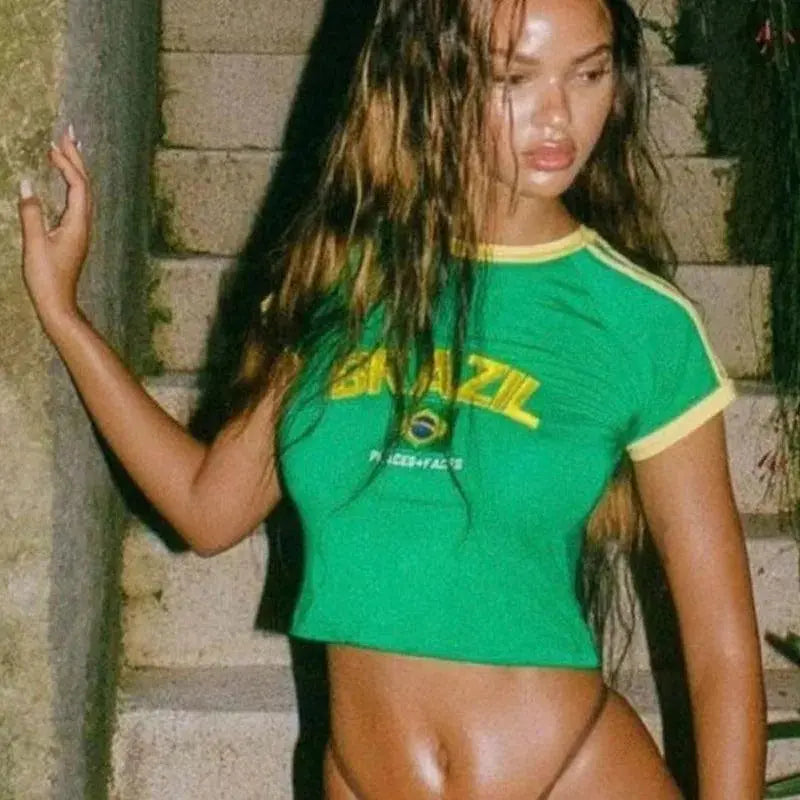 BRAZIL CROP TOP - GREEN AND YELLOW Y2K DESIGN