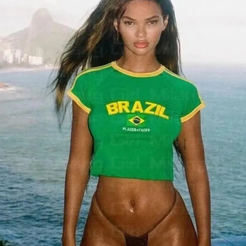 BRAZIL CROP TOP - GREEN AND YELLOW Y2K DESIGN
