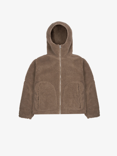 BROWN FLEECE HOODED JACKET WITH DROPPED SHOULDER DESIGN
