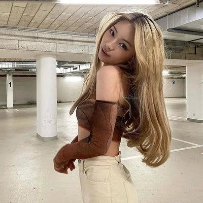 BROWN PATTERNED CROP TOP WITH TIGHT SLEEVE VINTAGE STYLE