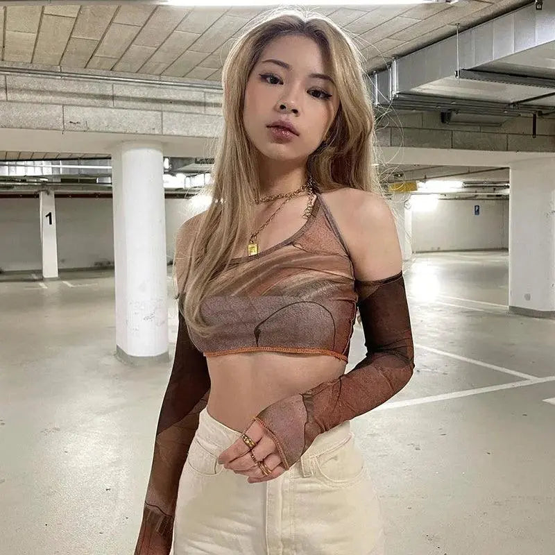 BROWN PATTERNED CROP TOP WITH TIGHT SLEEVE VINTAGE STYLE