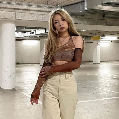 BROWN PATTERNED CROP TOP WITH TIGHT SLEEVE VINTAGE STYLE