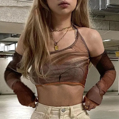 BROWN PATTERNED CROP TOP WITH TIGHT SLEEVE VINTAGE STYLE