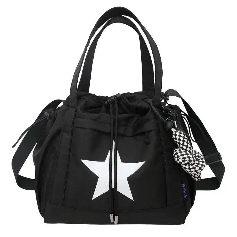 CREAM TOTE BAG WITH BLACK STAR - LARGE CAPACITY SHOULDER BAG