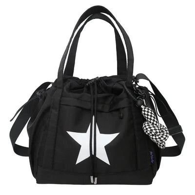 CREAM TOTE BAG WITH BLACK STAR - LARGE CAPACITY SHOULDER BAG