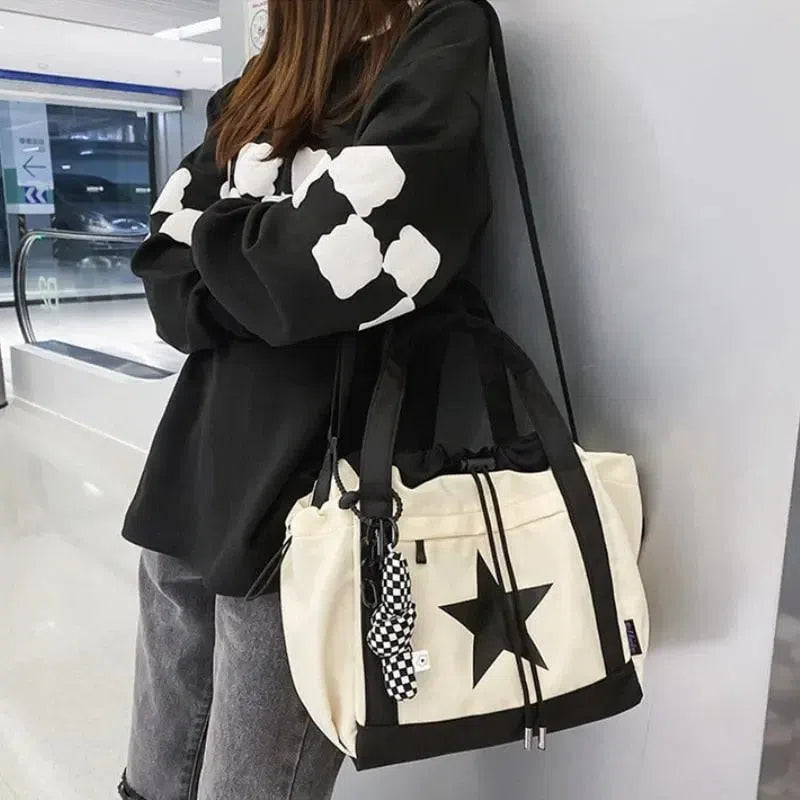 CREAM TOTE BAG WITH BLACK STAR - LARGE CAPACITY SHOULDER BAG