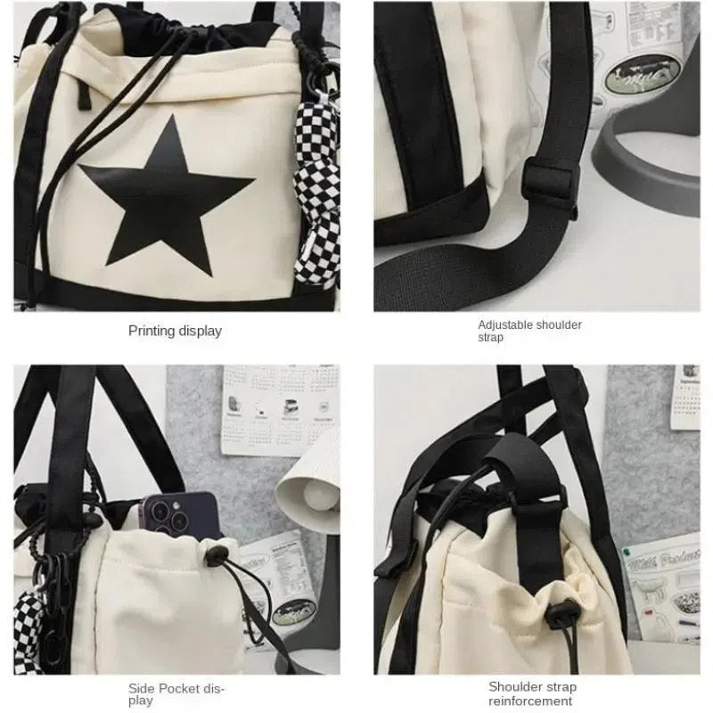 CREAM TOTE BAG WITH BLACK STAR - LARGE CAPACITY SHOULDER BAG