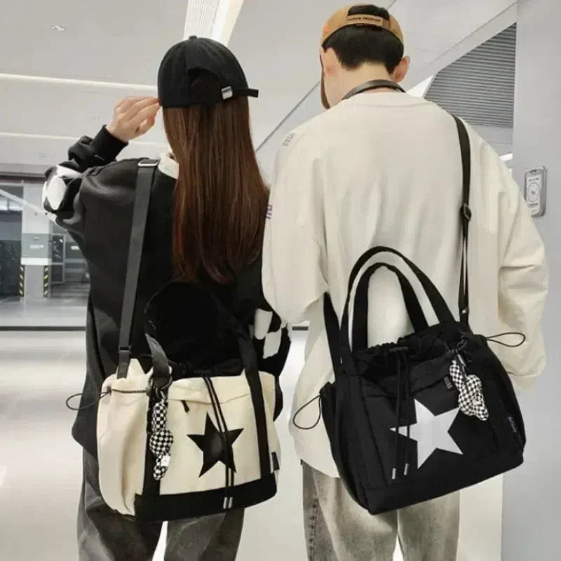 CREAM TOTE BAG WITH BLACK STAR - LARGE CAPACITY SHOULDER BAG